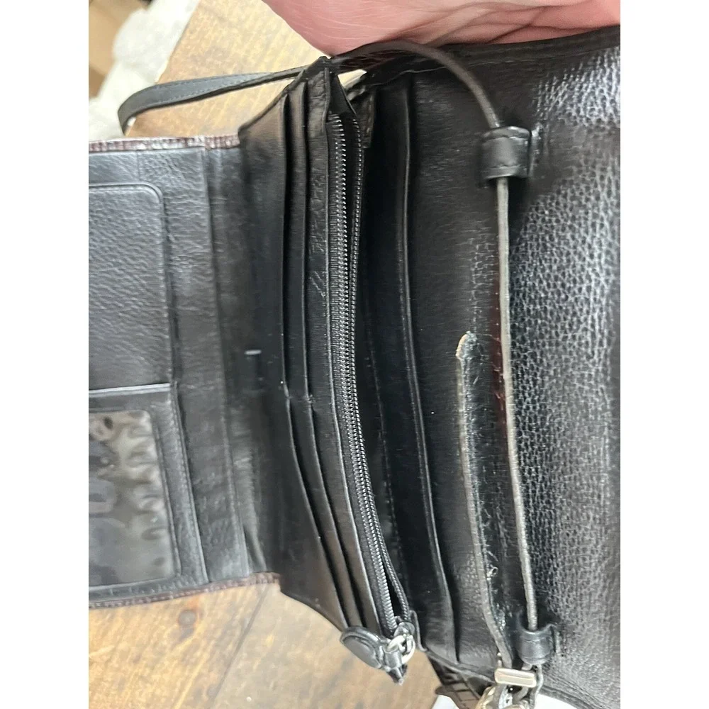 Brighton Vintage Crossbody Organizer Leather/Croc Embossed Clutch Brown Small